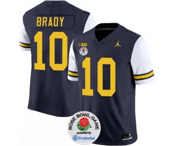 Men's Michigan Wolverines #10 Tom Brady 2023 F.U.S.E. Navy White Rose Bowl Patch Stitched Jersey