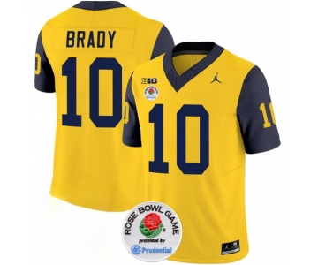 Men's Michigan Wolverines #10 Tom Brady 2023 F.U.S.E. Yellow Navy Rose Bowl Patch Stitched Jersey