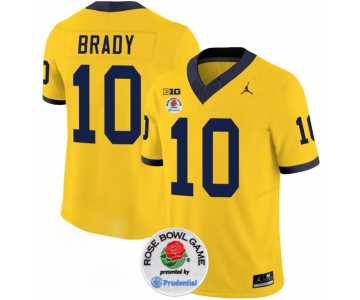 Men's Michigan Wolverines #10 Tom Brady 2023 F.U.S.E. Yellow Rose Bowl Patch Stitched Jersey
