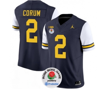 Men's Michigan Wolverines #2 Blake Corum 2023 F.U.S.E. Navy White Rose Bowl Patch Stitched Jersey