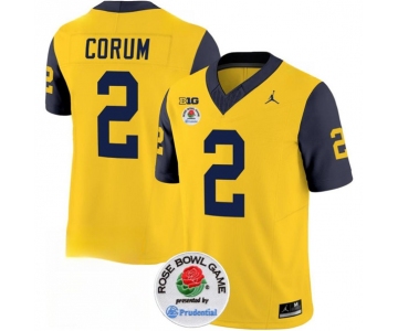 Men's Michigan Wolverines #2 Blake Corum 2023 F.U.S.E. Yellow Navy Rose Bowl Patch Stitched Jersey