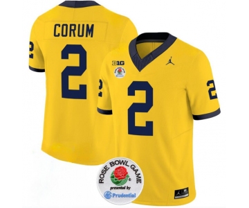 Men's Michigan Wolverines #2 Blake Corum 2023 F.U.S.E. Yellow Rose Bowl Patch Stitched Jersey