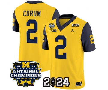 Men's Michigan Wolverines #2 Blake Corum Yellow Navy 2024 F.U.S.E. With 2023 National Champions Patch Stitched Jersey