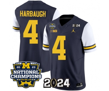 Men's Michigan Wolverines #4 Jim Harbaugh Navy White 2024 F.U.S.E. With 2023 National Champions Patch Stitched Jersey