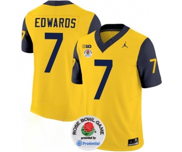 Men's Michigan Wolverines #7 Donovan Edwards 2023 F.U.S.E. Yellow Navy Rose Bowl Patch Stitched Jersey