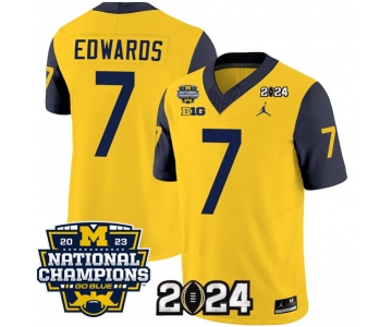 Men's Michigan Wolverines #7 Donovan Edwards Yellow Navy 2024 F.U.S.E. With 2023 National Champions Patch Stitched Jersey