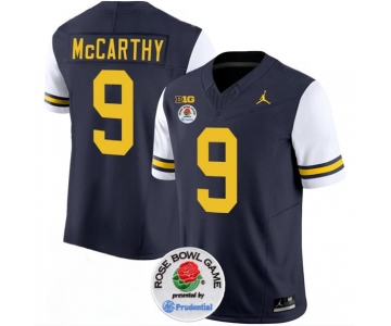 Men's Michigan Wolverines #9 J.J. McCarthy 2023 F.U.S.E. Navy White Rose Bowl Patch Stitched Jersey