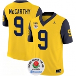 Men's Michigan Wolverines #9 J.J. McCarthy 2023 F.U.S.E. Yellow Navy Rose Bowl Patch Stitched Jersey