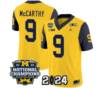 Men's Michigan Wolverines #9 J.J. McCarthy Yellow Navy 2024 F.U.S.E. With 2023 National Champions Patch Stitched Jersey