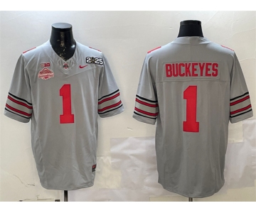 Men's Ohio State Buckeyes #1 Buckeyes Grey 2025 CFP Final With National Champions Patch F.U.S.E. Vapor Limited Stitched Football Jersey