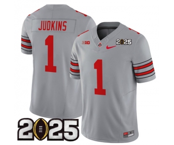 Men's Ohio State Buckeyes #1 Quinshon Judkins Grey 2025 CFP Final Patch F.U.S.E. Vapor Limited Stitched Football Jersey