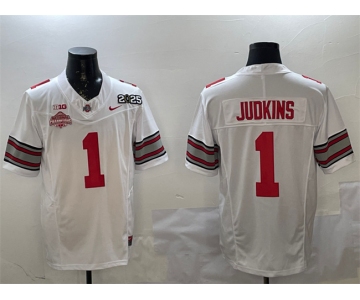 Men's Ohio State Buckeyes #1 Quinshon Judkins White 2025 CFP Final With National Champions Patch F.U.S.E. Vapor Limited Stitched Football Jersey
