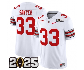 Men's Ohio State Buckeyes #33 Jack Sawyer White 2025 CFP Final Patch F.U.S.E. Vapor Limited Stitched Football Jersey