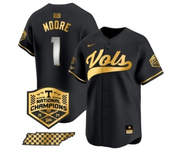 Men's Tennessee Volunteers #1 Christian Moore Black Gold 2024 Champions Vapor Limited Stitched Jersey