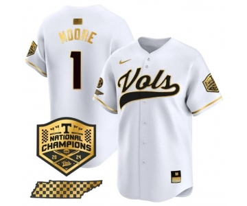 Men's Tennessee Volunteers #1 Christian Moore White Gold 2024 Champions Vapor Limited Stitched Jersey