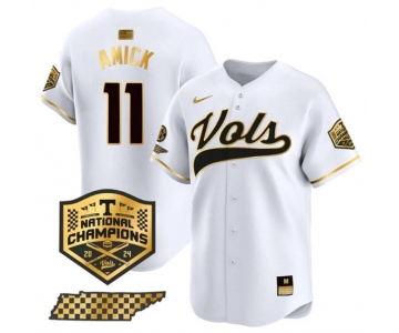 Men's Tennessee Volunteers #11 Billy Amick White Gold 2024 Champions Vapor Limited Stitched Jersey