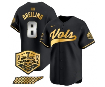 Men's Tennessee Volunteers #8 Dylan Dreiling Black Gold 2024 Champions Vapor Limited Baseball Stitched Jersey