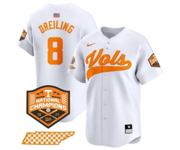 Men's Tennessee Volunteers #8 Dylan Dreiling White 2024 Champions Vapor Limited Stitched Jersey