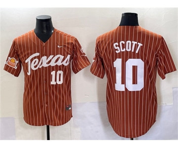 Men's Texas Longhorns #10 Mia Scott Orange Pinstripe 2025 Softball National Champions & SEC Patch Stitched Jersey