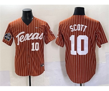 Men's Texas Longhorns #10 Mia Scott Orange Pinstripe 2025 World Series & SEC Patch Stitched Jersey