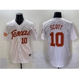 Men's Texas Longhorns #10 Mia Scott White Pinstripe 2025 Softball National Champions & SEC Patch Stitched Jersey