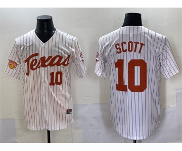 Men's Texas Longhorns #10 Mia Scott White Pinstripe 2025 Softball National Champions & SEC Patch Stitched Jersey