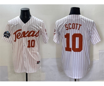 Men's Texas Longhorns #10 Mia Scott White Pinstripe 2025 World Series & SEC Patch Stitched Jersey