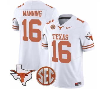 Men's Texas Longhorns #16 Arch Manning White F.U.S.E. Map & SEC Patch Vapor Limited V4 Stitched Jersey