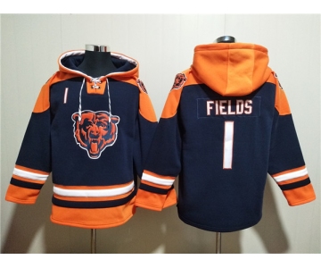 Men's Chicago Bears #1 Justin Fields Navy Ageless Must-Have Lace-Up Pullover Hoodie