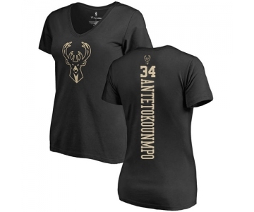 NBA Women's Nike Milwaukee Bucks #34 Giannis Antetokounmpo Black One Color Backer Slim-Fit V-Neck T-Shirt