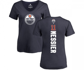 NHL Women Adidas Edmonton Oilers #11 Mark Messier Navy Blue Backer Slim Fit V-Neck T-Shirt