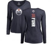 NHL Women Adidas Edmonton Oilers #31 Grant Fuhr Navy Blue Backer Slim Fit Long Sleeve T-Shirt