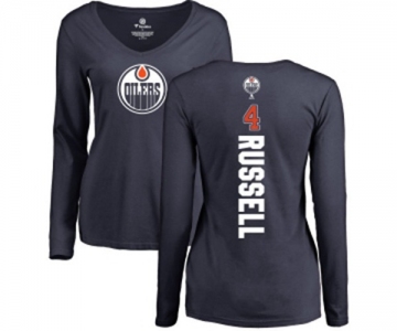 NHL Women Adidas Edmonton Oilers #4 Kris Russell Navy Blue Backer Slim Fit Long Sleeve T-Shirt