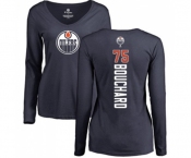 NHL Women Adidas Edmonton Oilers #75 Evan Bouchard Navy Blue Backer Slim Fit Long Sleeve T-Shirt