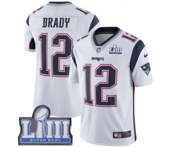 Men's Nike New England Patriots #12 Tom Brady White Vapor Untouchable Limited Player Super Bowl LIII Bound NFL Jersey