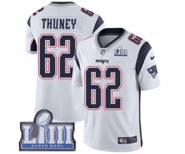 Men's Nike New England Patriots #62 Joe Thuney White Vapor Untouchable Limited Player Super Bowl LIII Bound NFL Jersey