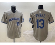 Men's Kansas City Royals #13 Salvador Perez Gray 2024 Away Limited Stitched Baseball Jersey