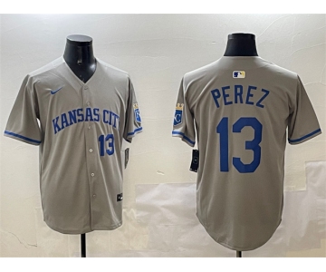 Men's Kansas City Royals #13 Salvador Perez Gray 2024 Away Limited Stitched Baseball Jersey