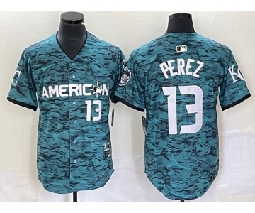 Men's Kansas City Royals #13 Salvador Perez Teal 2023 All Star Cool Base With Patch Stitched Baseball Jersey