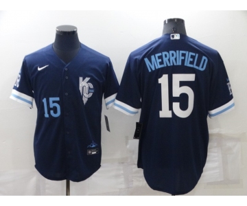 Men's Kansas City Royals #15 Whit Merrifield Number 2022 Navy Blue City Connect Cool Base Stitched Jersey