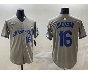 Men's Kansas City Royals #16 Bo Jackson Gray 2024 Away Limited Stitched Baseball Jersey