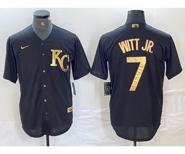 Men's Kansas City Royals #7 Bobby Witt Jr Black Gold Cool Base Stitched Jersey