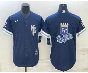 Men's Kansas City Royals Big Logo 2022 Navy Blue City Connect Cool Base Stitched Jersey
