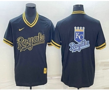 Men's Kansas City Royals Big Logo Black Gold Nike Cooperstown Legend V Neck Jerseys