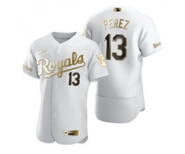 Men's  Nike Kansas City Royals #13 Salvador Perez White 2020 Authentic Golden Edition Baseball Jersey