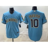 Men's Milwaukee Brewers #10 Sal Frelick Blue With Home & Bob Uecker Patch Stitched Baseball Jersey