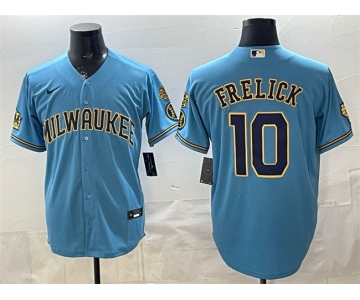 Men's Milwaukee Brewers #10 Sal Frelick Blue With Home & Bob Uecker Patch Stitched Baseball Jersey