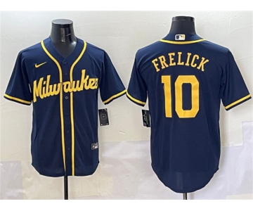 Men's Milwaukee Brewers #10 Sal Frelick Navy Cool Base Stitched Jersey