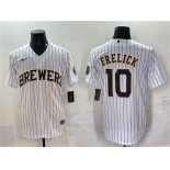 Men's Milwaukee Brewers #10 Sal Frelick White Pinstripe 2025 With Patch Stitched Baseball Jersey Men's Milwaukee Brewers #10 Sal Frelick White Pinstripe 2025 With Patch Stitched Baseball Jersey