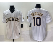 Men's Milwaukee Brewers #10 Sal Frelick White Pinstripe 2025 With Patch Stitched Baseball Jersey Men's Milwaukee Brewers #10 Sal Frelick White Pinstripe 2025 With Patch Stitched Baseball Jersey